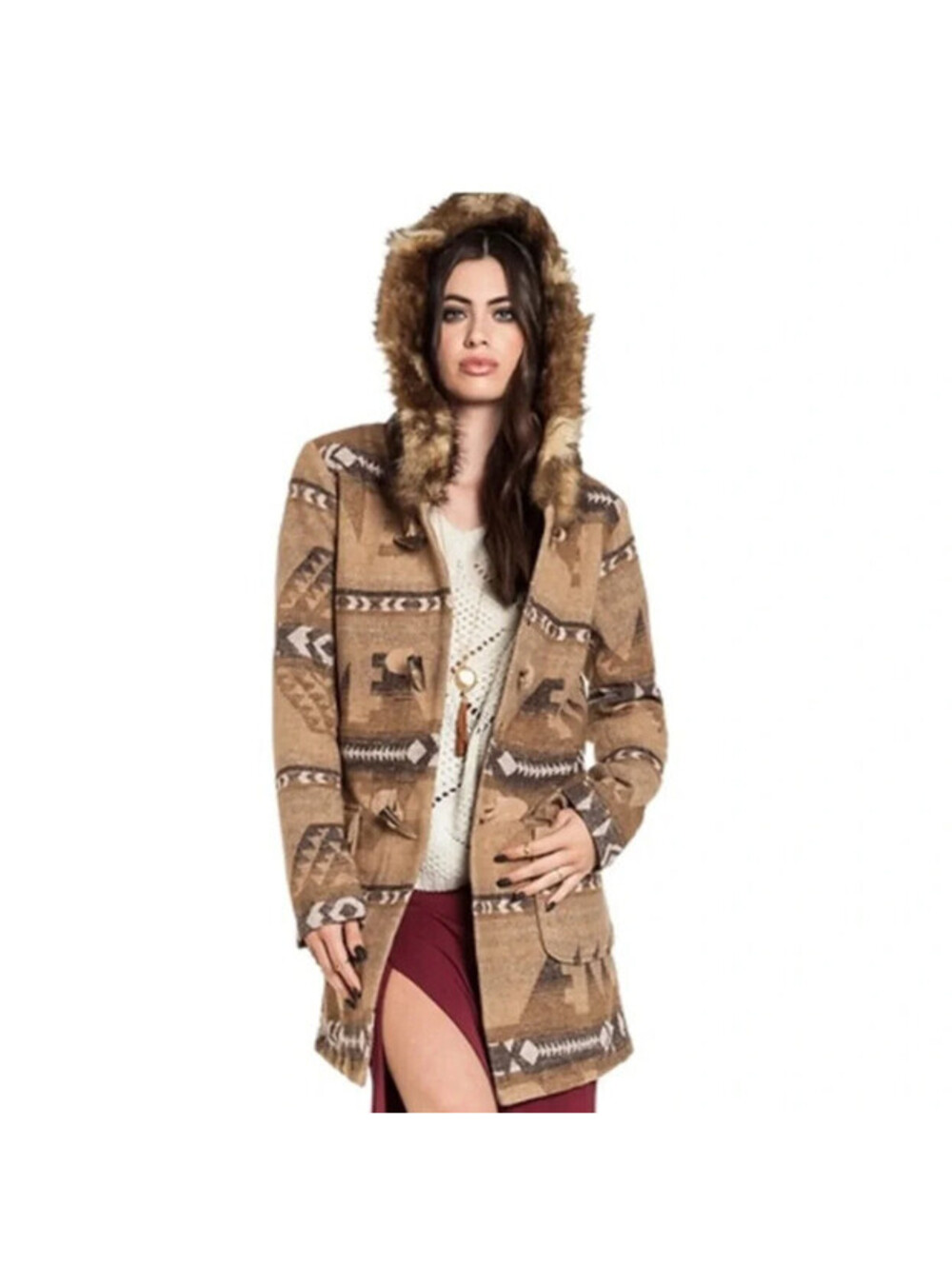 BB Dakota Davina Aztec Southwestern Faux Coyote Fur Hood Parka Coat Women’s M